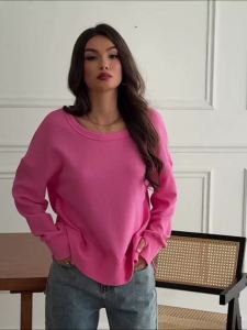 Fisoew  Womens Casual Round Neck Sweatshirt Waffle Knit Long Sleeve Side Slit Loose Autumn Shirt Top