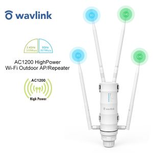 WAVLINK AC1200 High Power Outdoor Weatherproof WiFi Range Extender/Wireless Access Point/mesh agent Dual Band 2.4GHz 300Mbps+5.8 GHz 867Mbps 4x7dBi Detachable Omni Directional Antennas Easy Mesh Technology Supported No WiFi Dead Zones For Whole Home