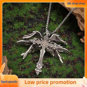 ✨QK shop✨ Retro Gothic Wings Cross Pendant Necklace Jewelry For Men Women Vintage Dark Punk Religious Amulet Keychain Gifts