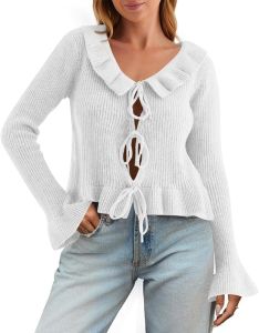 Saodimallsu  คาร์ดิแกนผู้หญิงผูกเชือกด้านหน้า แขนยาวถักน่ารัก  V  ท็อปเสื้อสเวตเตอร์สั้นฤดูใบไม้ร่วง