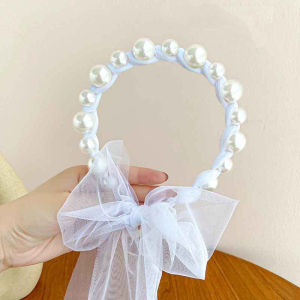 1pcs Girls Pearl Ribbon Headband Korean Princess Girls Mesh Bow Tie Hair Headdress