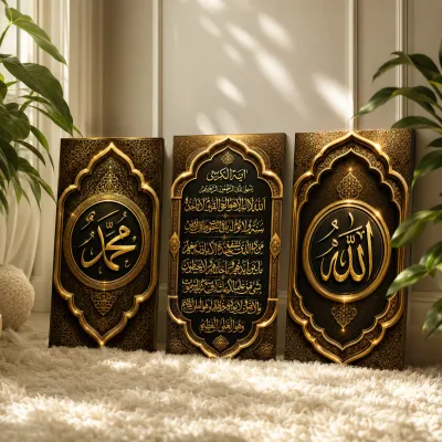 hiasan dinding kaligrafi Islam set tiga panel dengan desain yang elega
