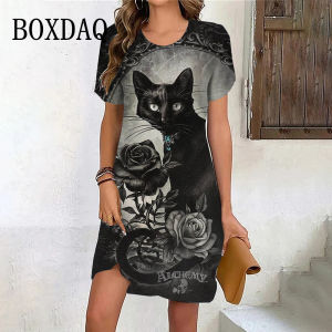 Summer Fashion Gothic Style Womens Dress Classic Black Cat Flower Print Mini Dress Casual Vintage Short Sleeve Oversized Dress
