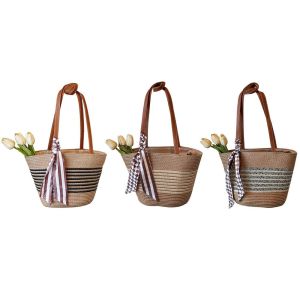 ARCHER LEVEL72EL0 ความจุขนาดใหญ่ กระเป๋าถือสานฟาง ปิดด้วยซิป ดีไซน์ลายทาง กระเป๋าสะพายวินเทจ ทำด้วยมือ แบบโฮโบ กระเป๋าถือลายทางทอ ฤดูร้อน