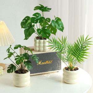 BEITE Realistic Artificial Plants Bonsai Elegant Evergreen Simulation Green Plant Bonsai Photography Props with Ceramic Flowerpot Artificial Fern Leaves Wedding Party