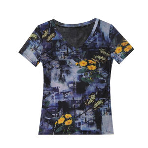REHIN เสื้อยืดแขนสั้นตาข่ายพิมพ์ลายดอกไม้ของผู้หญิงเสื้อเบลาส์หรูหราทรงสลิมและบางคอวีแขนสั้น S-3XL