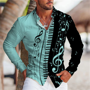 2026 Fashion Mens Shirt Music Note 3D Printing Lapel Button Top Long Sleeve Shirt Clothing 10 Styles Design Comfortable S-6XL