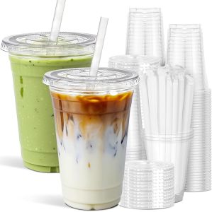 Ginkgo 100-Pack 20oz Clear Plastic Iced Coffee Cups with Lids and Straws To Go Cups for Smoothies Milkshake Cold Beverages Coffee Bar Accessories