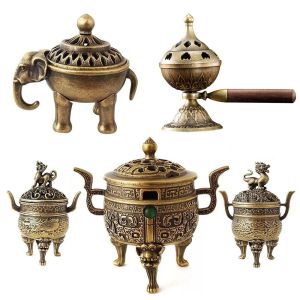 NOBLELYN Vintage Alloy Sandalwood Incense Burner Hollow Out Elephant Lucky Three Legged Stove  with Handle Lotus Incense Censer for Tea Ceremony Home Decoration