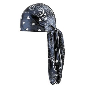 IFFINE Imitation Silk Mens Headscarf Breathable Amoeba Print Hip Hop Hat Fashion Wave Print Long Tail Pirate Cap Outdoor