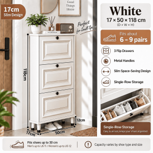 Slim Shoe Cabinet with Large StorageWood Flip Door Shoe Rack OrganizerAmerican-style Storage Cabinet for Living Room/Condo/Bedroom Entrance50/80/100cm Narrow Shoe Cabinet
