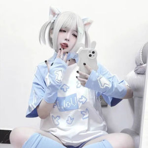 Áo thun in họa tiết xanh cổ tròn tay ngắn phong cách mỏ Nhật Bản Yabi Y2K cho phụ nữ mùa hè