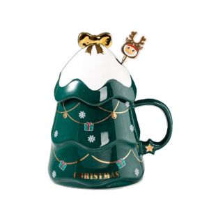 YERZ with Lid and Spoon Christmas Tree Ceramic Mug Ceramic Christmas Tree Shape Christmas Coffee Cup Oatmeal Cup 500ml Milk