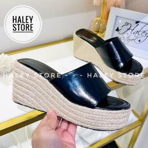Guốc cói ngang 8cm HALEY STORE trắng đen đế xuồng nâu quai bảng ngang tiểu thư công chúa đi chơi đi làm du lịch biển