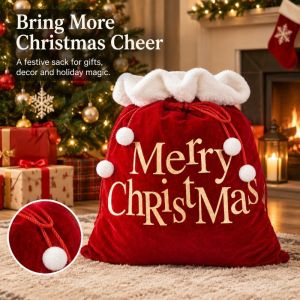 MIRELAE Những điểm nhấn màu vàng Túi quà của ông già Noel. Màu đỏ viền trắng Kích thước lớn 50x70cm Túi quà Giáng sinh Lớn Dây rút đóng Túi nhung có dây rút Quà tặng cho tiệc Giáng sinh