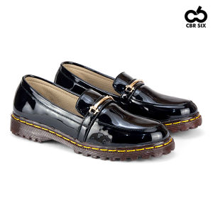 CBR SIX Sepatu kasual wanita Docmart Loafer Kulit sintetis mengkilat sol transparan / Hitam HLC 093