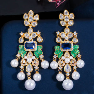SEQUITO Luxury Long Chandelier Drop Pave Blue White Cubic Zircon Stone Gold Plated Pearl Tassel Wedding Dangle Earrings for Temperament Women Party Jewelry SE628