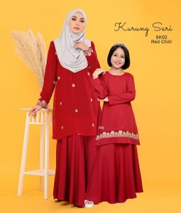 Kurung Sari Full Lining Sedondon Ibu Anak Raya (Nursing) - Sari Material with Comocrepe Skirt, Nursing and Whudu Friendly, Size S-2XL, Mermaid Style, Gold Embroidery - Premium Comocrepe Material for Child, Zip Closure, Size 4-12, Elastic Waistband, Mermaid Style