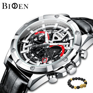 BIDEN Jam Tangan Pria Ori Multifungsi Kalender Dial Berongga Tali Kulit Anti Air Jam Tangan Cowok