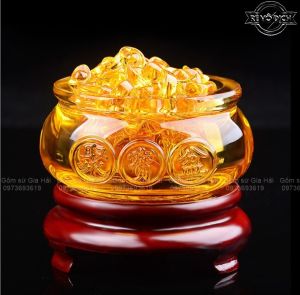 Hũ vàng bát tụ bảo chiêu tài chiêu lộc bằng lưu ly ( 6-8-10-12cm) - Kèm đế và thỏi vàng như hình