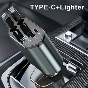 4in1 Car Fast Charger Retractable USB Type C Cable For IPhone 15 16 Pro Max Xiaomi Huawei Samsung Car Cigarette Lighter Adapter