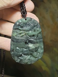 Nephrite greenish Qinghua Qilin (Kirin) Bat & Ancient Copper Coins pendant (with certificate) 和田玉绿青花麒麟蝙蝠铜钱吊坠(带证书) Chinese amulet charm jewelry gifts