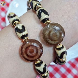 Premium Grade Natural Two Eyes Tiger Tooth Dzi Agate Bracelet (Button / Barrel)