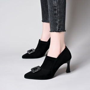 [Free Shipping] High-Heeled Deep-Cut Ankle Boots For Women Perfect For Autumn And Winter.Features A Black Suede Finish Pointed Toe Elastic Ankle Strap And A Slimming Effect