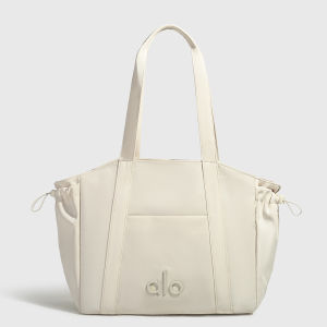 2026 Cream Yoga Side Drawstring Tote Bag Women Waterproof Structured Nylon Large Capacity Shoulder Bag Wide Matching Strap Front Slip Pocket Lightweight Daily Work Gym Shopper Handbag