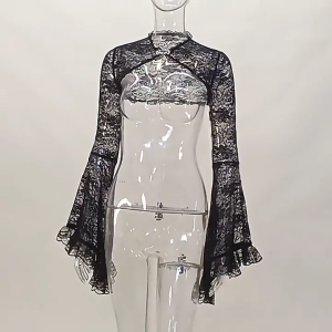 Womens Hollow out Crop Tops Gothic Half Shirt Stylish Flare Sleeves Lace Smock Tops Punk Cover Up with Cheongsam Buckle