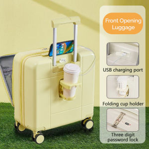 Front Opening Suitcase 18 Inch Luggage Cup Holder USB Charging TSA Lock Large Capacity Travel Luggage 行李箱 Beg Bagasi