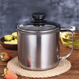 หม้อกรองน้ำมันสแตนเลส ถ้วยรองน้ำมัน พร้อมฝาปิดและตะแกรงกระชอนกรองกาก หม้อเก็บน้ำมัน