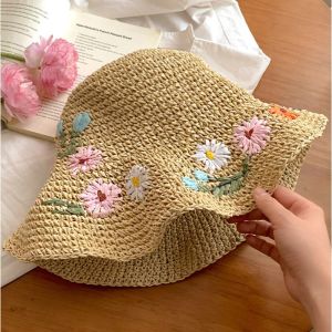 CHAMPIONBABY Boho Flower Straw Hat Colorful Embroidered Flower Womens Sun Hats Sweet Breathable Weave Hat Summer