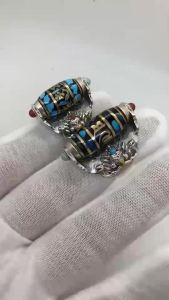 Dapeng Bird Tibetan Style Rotating Dzi Bead Six-Word Mantra Silver Hollow Adjustable Inlaid with Hubei Turquoise and Southern Red LZD