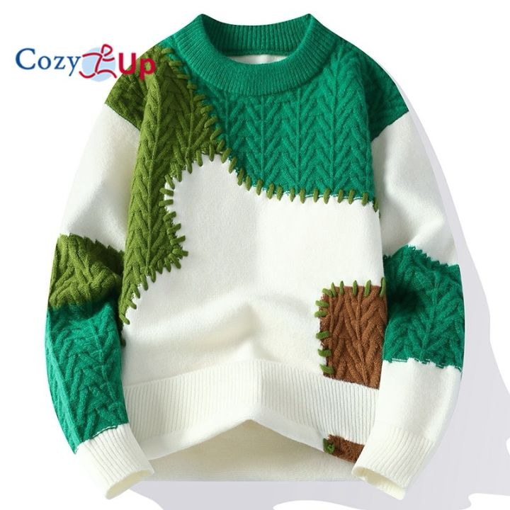 Cozy Up Men's Color Block Print Long Sleeve Crew Neck Sweater Pullover Tops