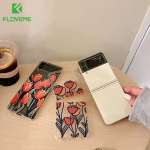 FLOVEME Flower Printed Phone Case For Samsung Galaxy Z Flip 3 Z Flip 5G Cartoon Hard Crystal PC Clear Shockproof Back Cover For Galaxy Z Flip 3 Z Flip
