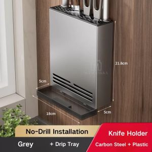 Ready Stock Wall-Mounted Holder Cutlery Organizer No-Drill Carbon Steel Rack with Drip Tray Utensil Chopsticks