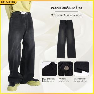 Quần jean quần bò nam nữ ống rộng SUN 95 màu XANH WASH nửa cạp chun dễ phối đồ theo phong cách hàn quốc