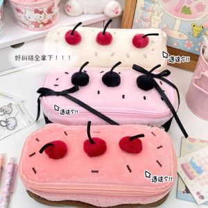 Pink Cherry Cake Pencil Case Kawaii Soft Pen Storage Bag Cosmetic Pouch Cartoon Large Capacity Student Stationery School Supplies