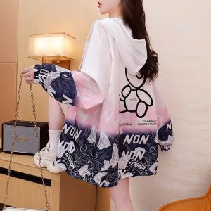 Womens Lightweight Jackets Loose Graffiti Big Bear Sun Protection Clothing Womens Outdoor Sweatshirt Hooded Cycling Clothes