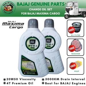 BAJAJ Change Oil Set for Bajaj Maxima Cargo with 20W50 Viscosity 4T Premium Oil 5000KM Drain Interval Best for Bajaj Engines Free Oil Filter Free Basahan Free Soap