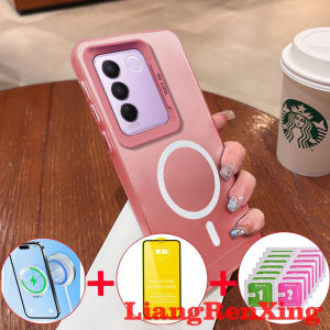 [4 in 1] ด้วยกระจกนิรภัยกรณีสำหรับ VIVO V27 5กรัม VIVO v27e VIVO Y100 VIVO v29e VIVO V29 5กรัมศัพท์กรณีฮาร์ดกรณี TPU กันกระแทกปกการออกแบบใหม่ความงามไร้สาย