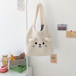GYYT Winter Women Soft Cute Embroidery Shopper Bag Imitation Lamb Hair Shoulder Bag Plush Tote Bag