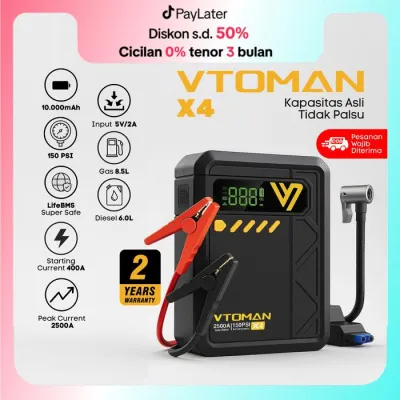 VTOMAN X4 Jumper Aki Mobil 8000 mAh Pompa Ban Elektrik Portable Car Jump Starter 8.000mAh 400A 2500A 12V/8.5L6L29.6Wh Powerbank Lampu Darurat