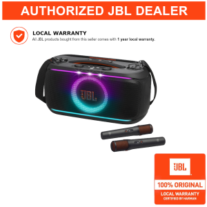 JBL PartyBox On The Go Essential / PartyBox On The Go / ParyBox On The Go 2 Portable Party Speaker with Built-in Lights and 2 Wireless Mics Amazing Pro Sound IPX4 Splashproof Protection 6 Hours of Playtime Convenient Shoulder Strap