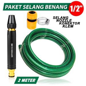 TITIK TIGA - Paketan selang Air Serat Benang 1/2" Anti Lumut Anti Tekuk Semprotan Kepala Selang Full Besi Kencang - Selang Air Serat Benang + Nozzle Semprotan Konektor & Klem Semprot Cuci Motor
