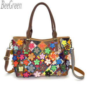 BeeGreen Women Genuine Leather Colorful Tote Bag Multicolor Flower Patchwork Shoulder Bag Large Capacity Underarm Bag Casual Commuter Bag