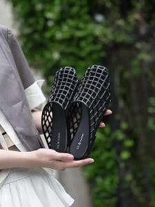 [Free Shipping] Crystal Jelly Sandals With Mesh Genuine Leather Transparent Hollow Design Korean Style Trendy For Women Flat-Soled Closed-Toe Slippers For Outdoor Wear
