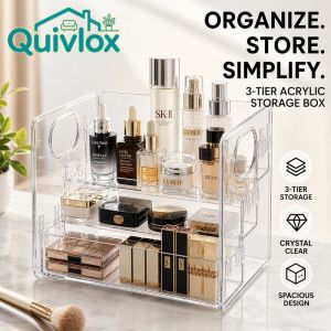Quivlox 3 Tier Clear Cosmetic Storage Rack Perfume Holder Portable Organizer Detachable Dividers For Skincare