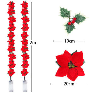 2Set 2M 10LED Christmas Artificial Poinsettia Flowers Garland String Lights Holly Leaves Xmas Tree Ornament Christmas Home Decor